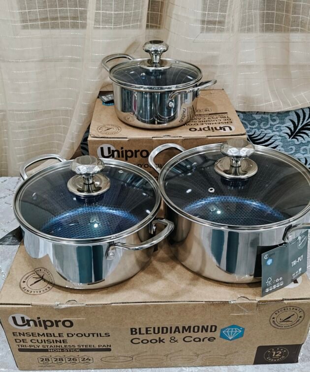 Ensemble De Marmites 3Pcs Antiadhésif Triple Épaisseur Compatible Induction Avec Couvercles En Verre Unipro