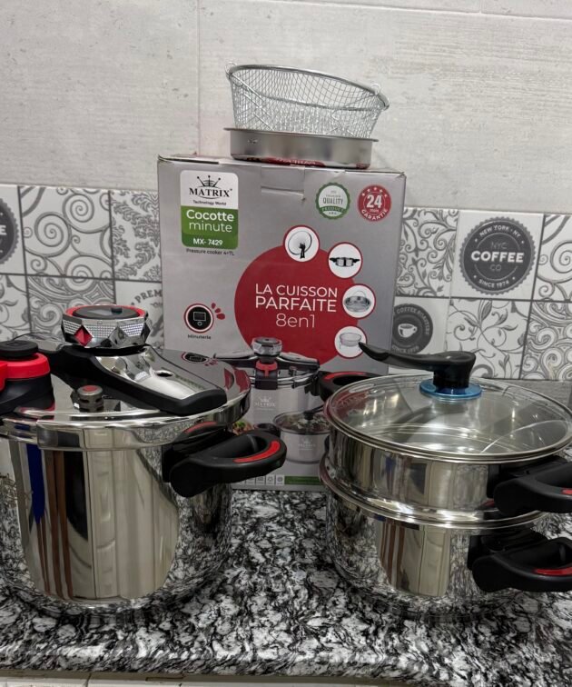 Pack 2 Cocotte-minute 4L + 7L Matrix Inox 18/10 haute qualité et griffé + couscoussier + panier friteuse + panier légumes avec des poignée rabattable et 2 ans garantie